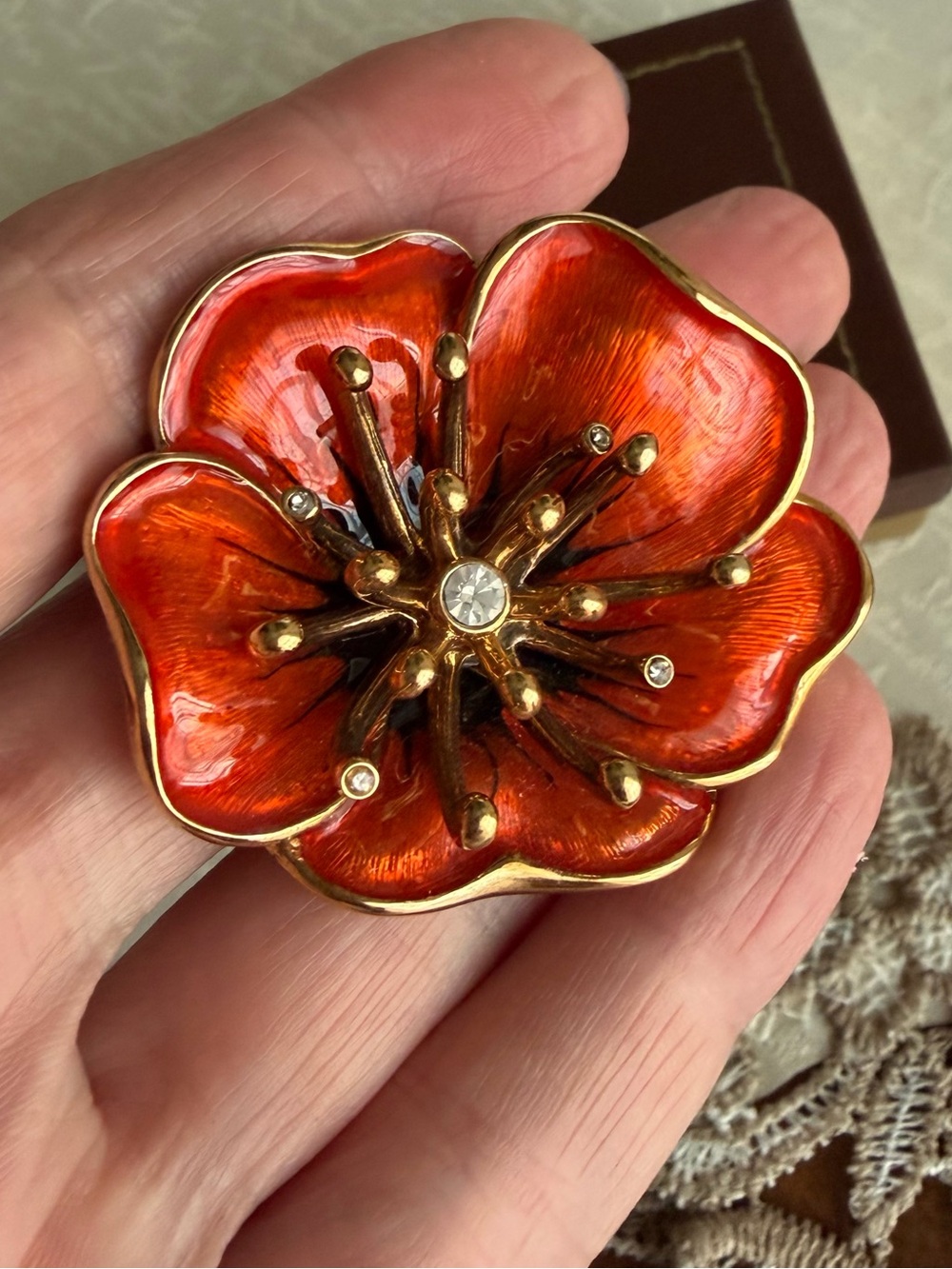 Monet Poppy Flower Orange Red Enamel Brooch, clear rhinestone, signed - Picture 3 of 4